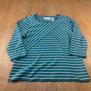 Alfred Dunner Women’s Small Teal Striped Knit Top 3/4 Sleeve